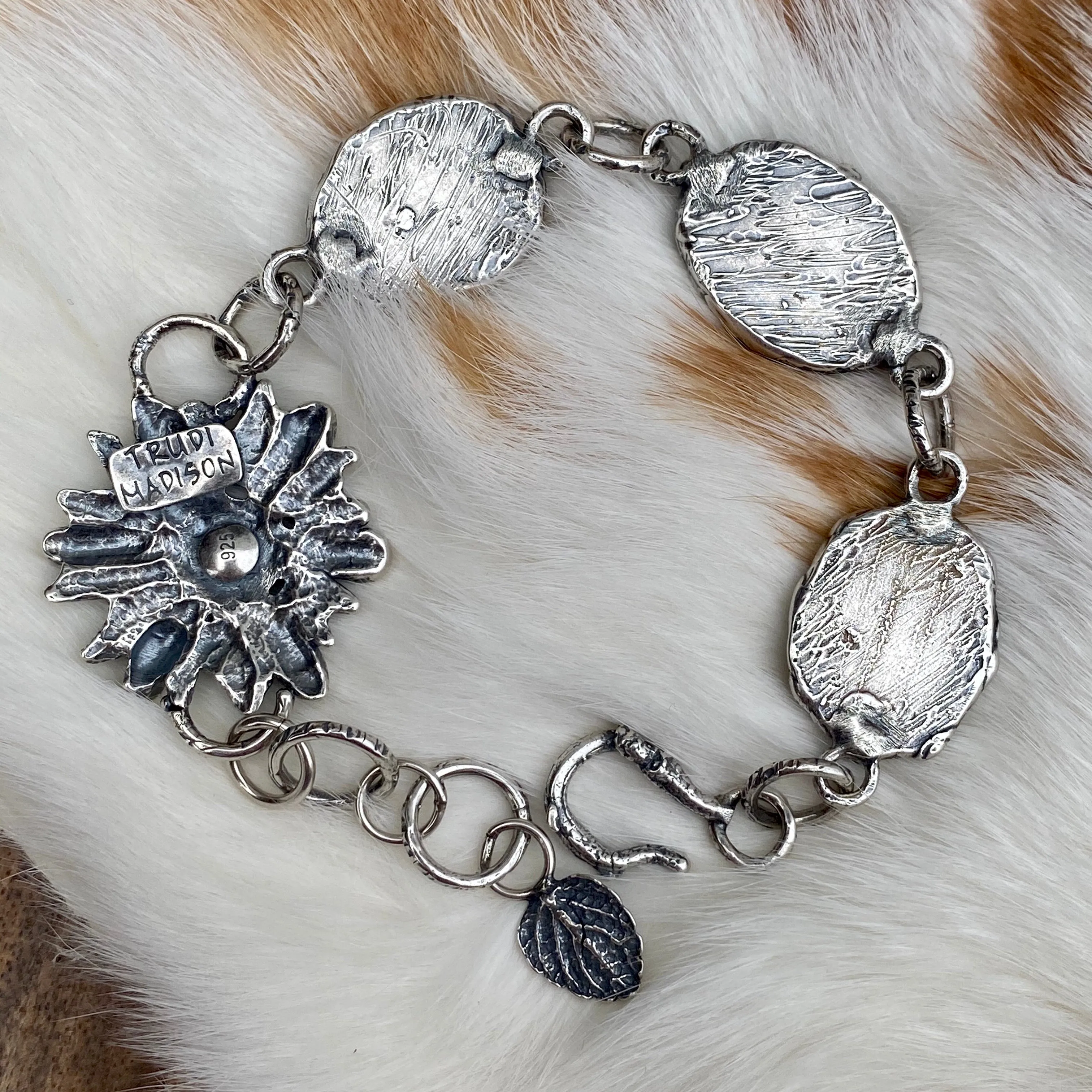 Rustic tattered wildflower sterling silver beacelet