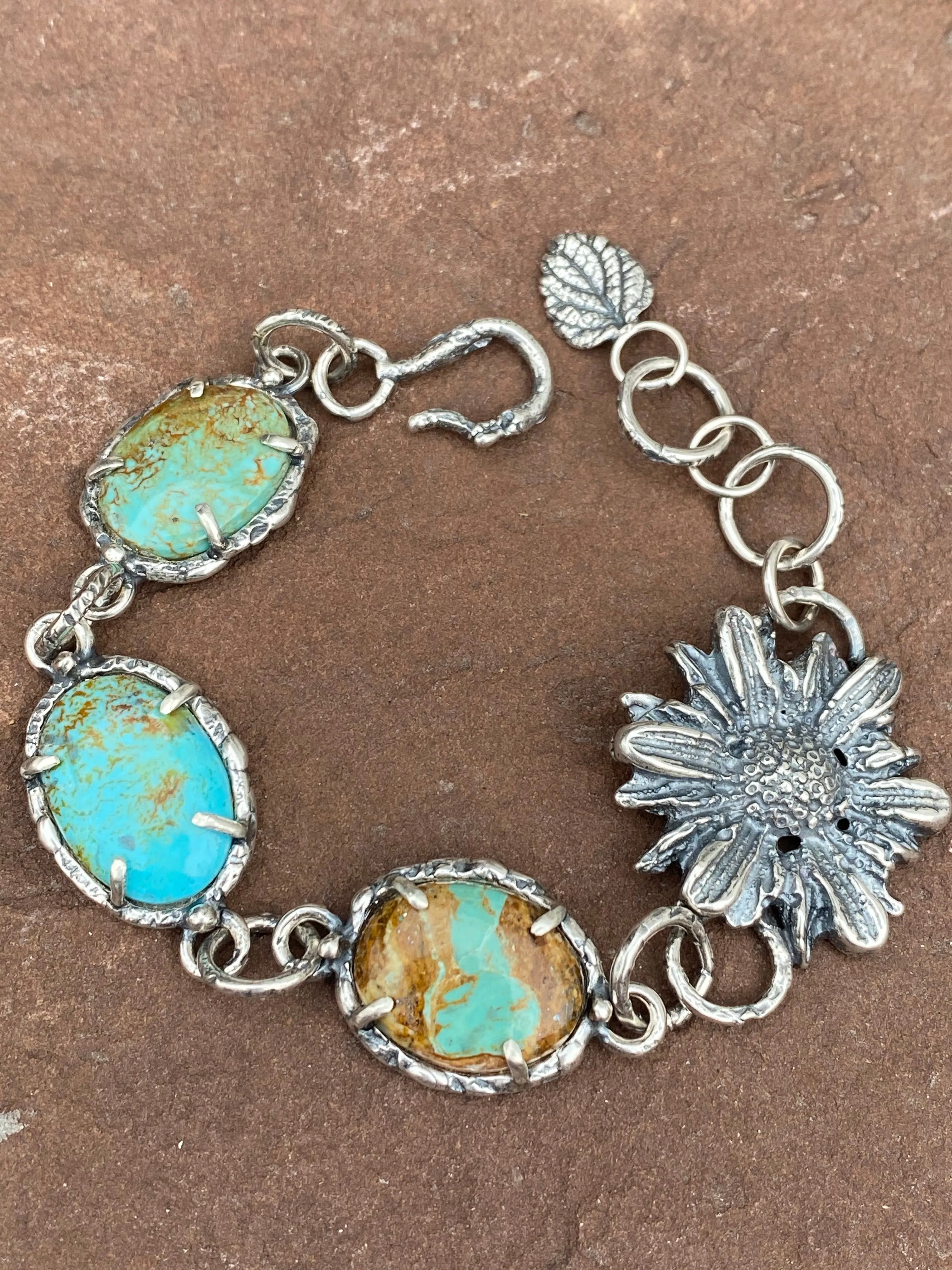 Rustic tattered wildflower sterling silver beacelet
