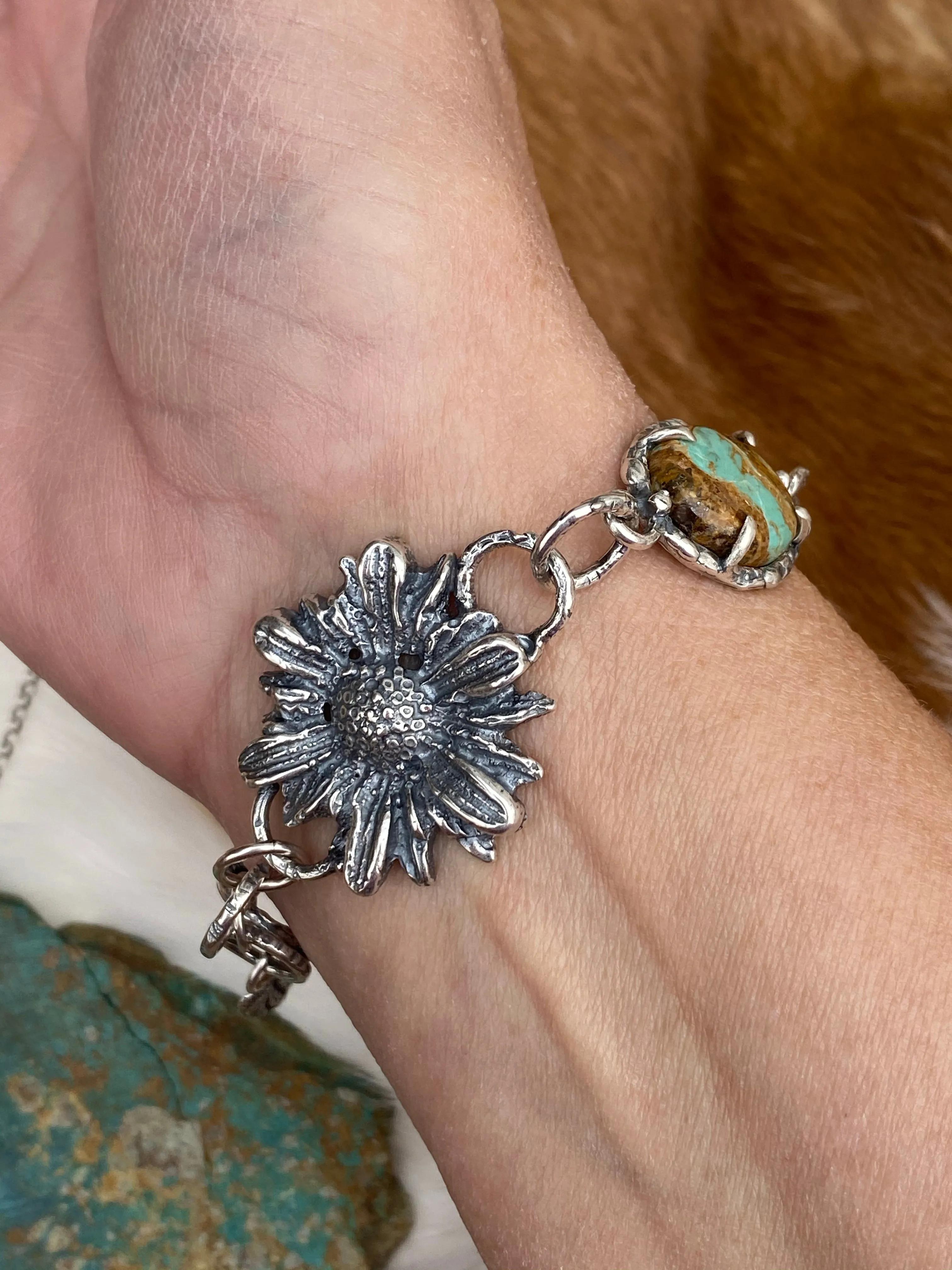 Rustic tattered wildflower sterling silver beacelet