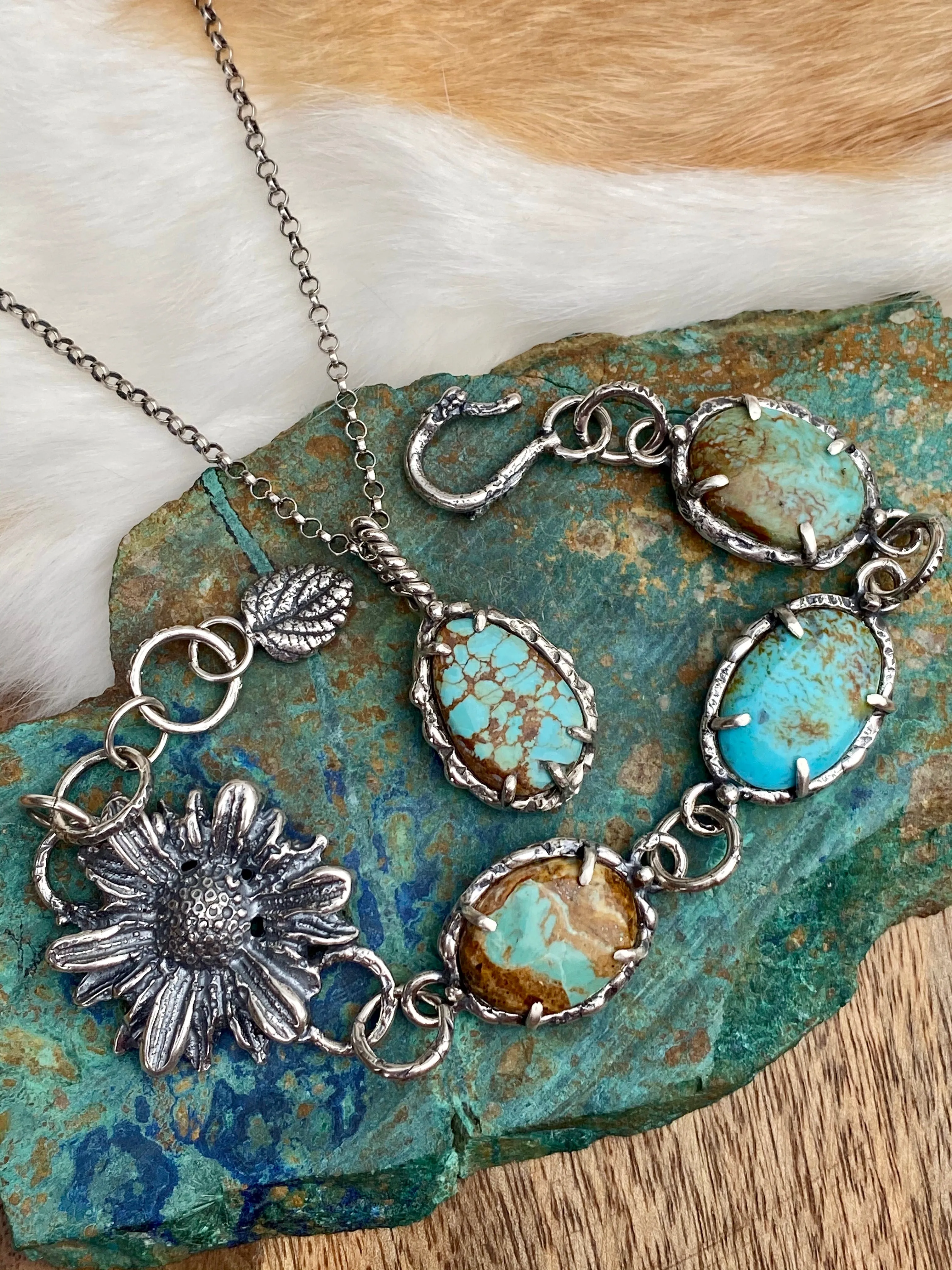 Rustic tattered wildflower sterling silver beacelet