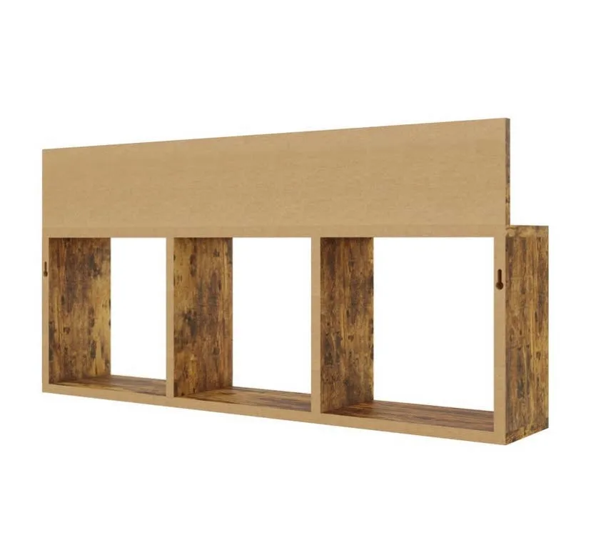 Rustic Triple Cubed Floating Shelf with Ledge - Aged Wood