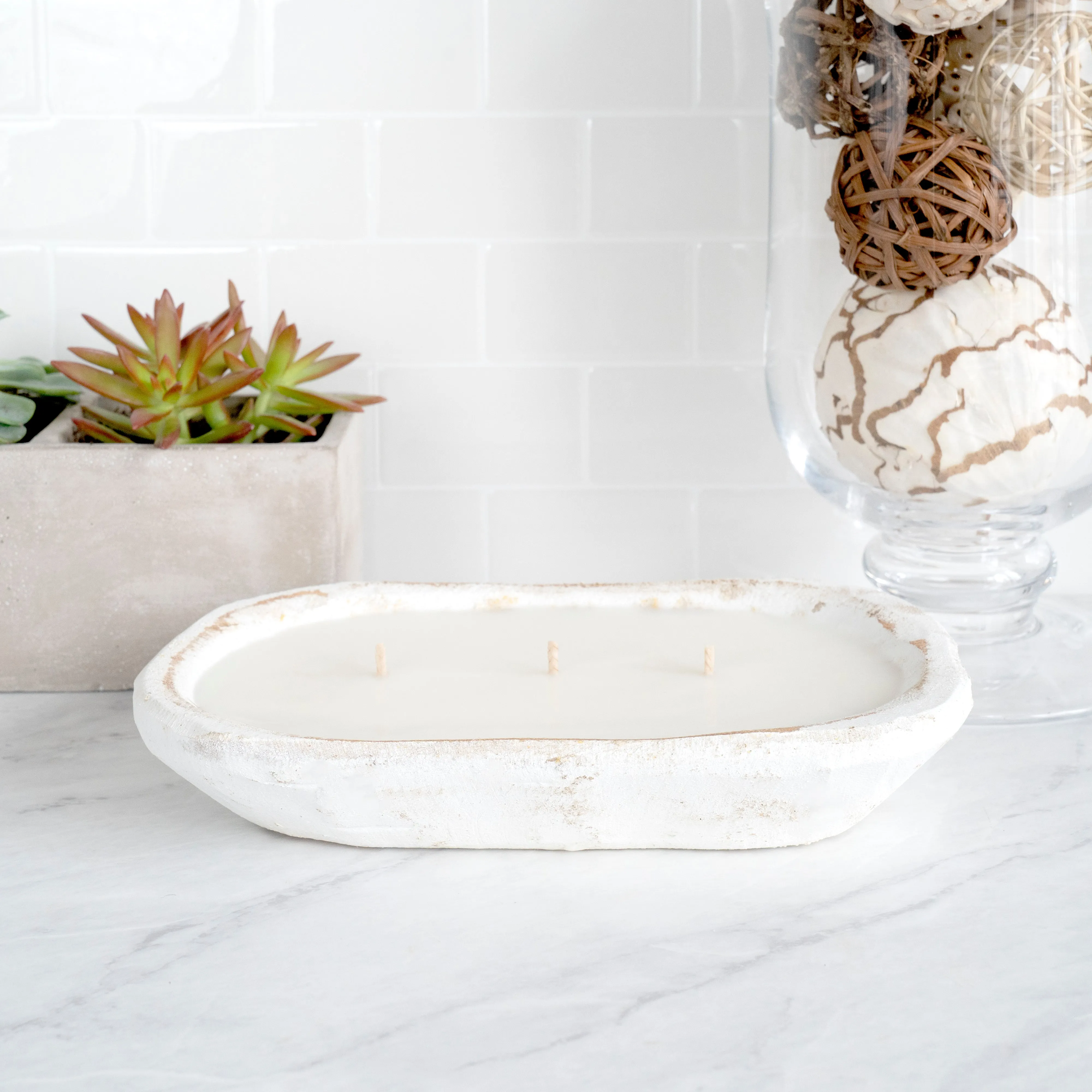 Rustic Wooden Bowl Candle- White