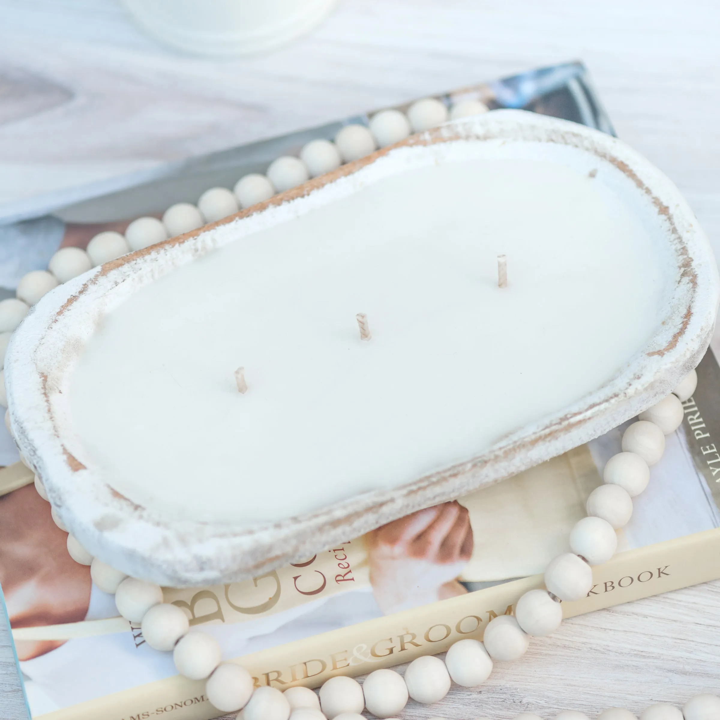 Rustic Wooden Bowl Candle- White