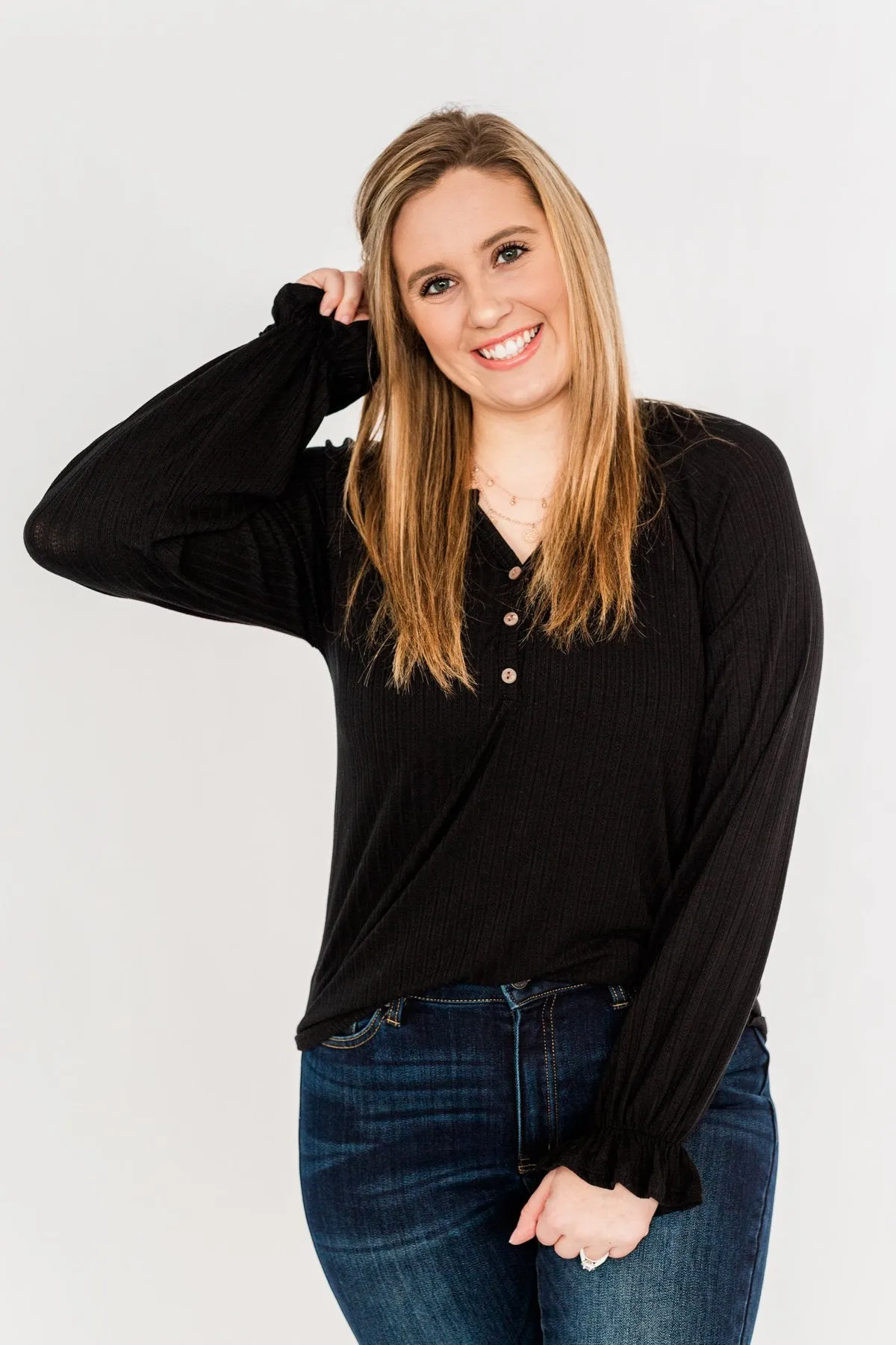 Sail Away With Me Knit Button Top- Black