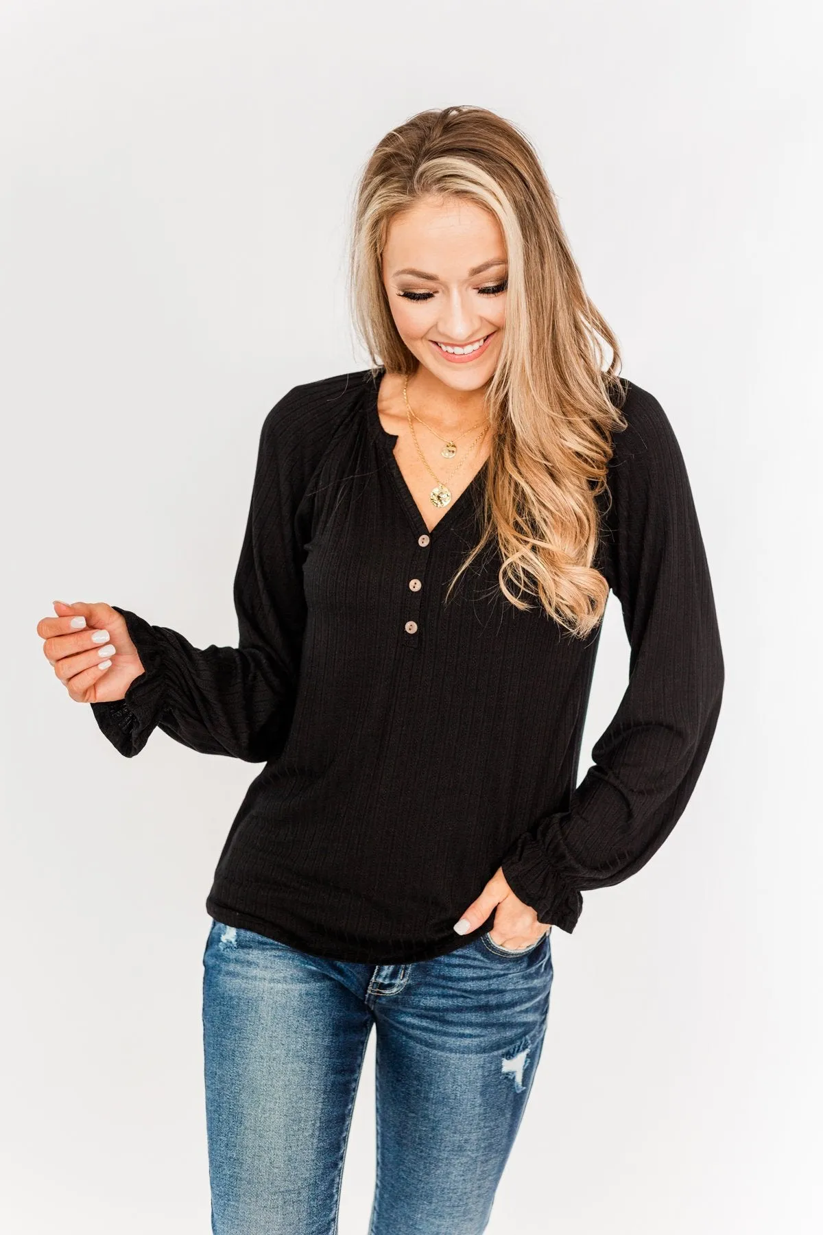 Sail Away With Me Knit Button Top- Black