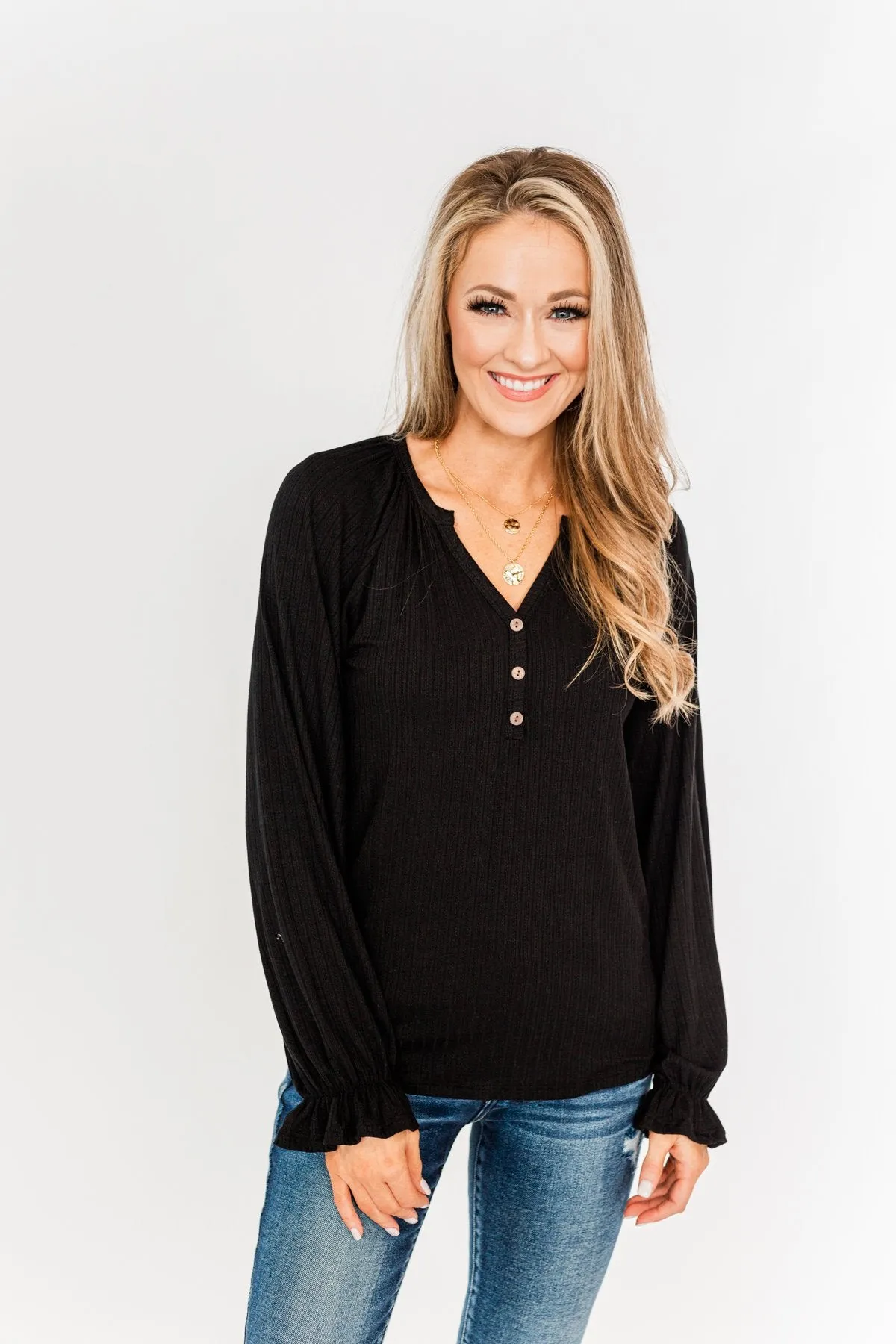 Sail Away With Me Knit Button Top- Black