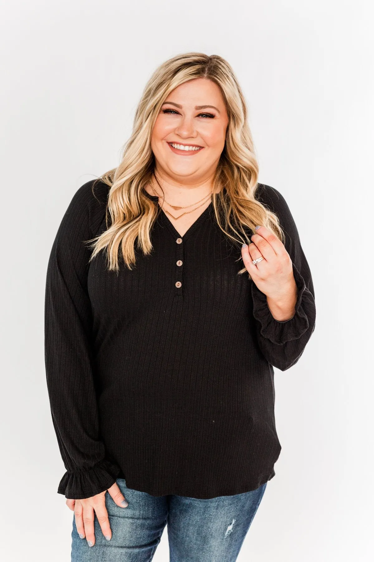 Sail Away With Me Knit Button Top- Black