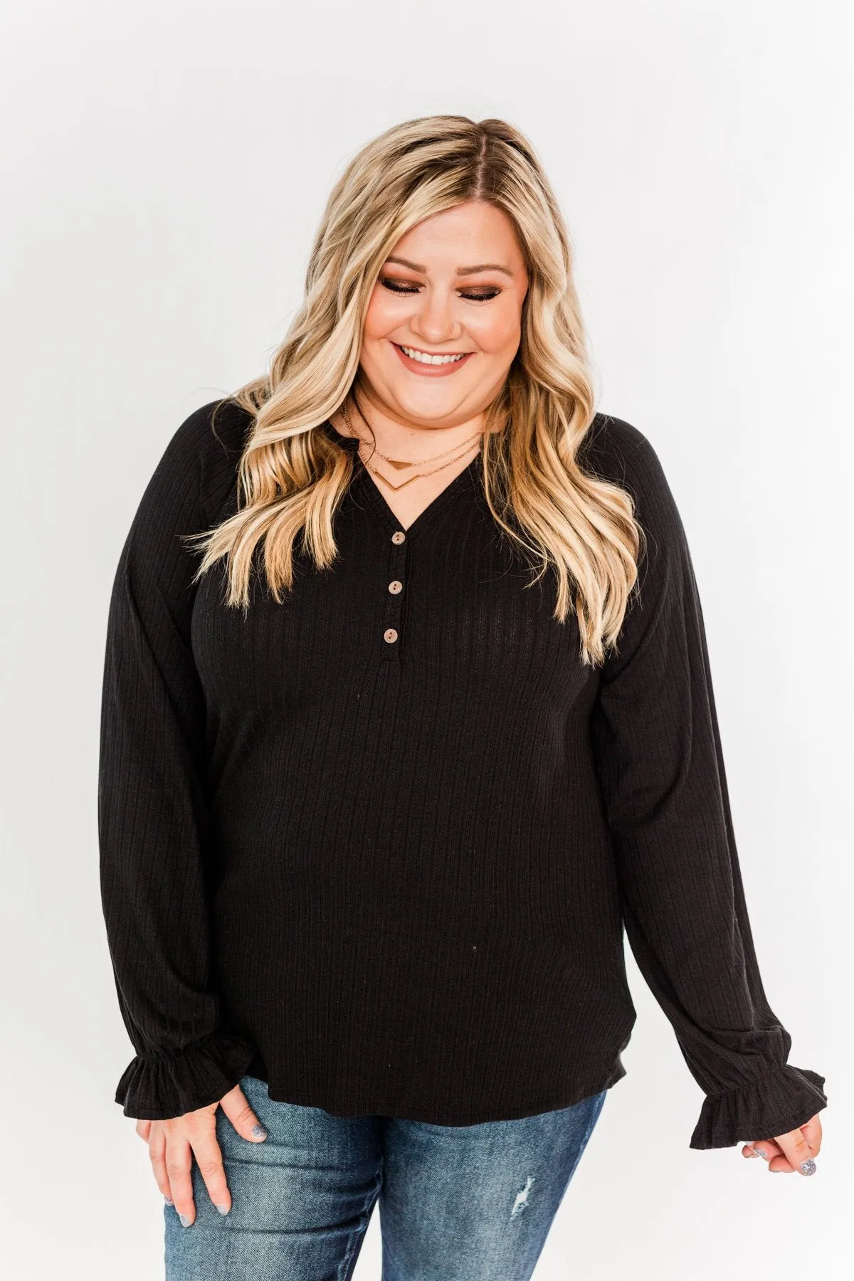 Sail Away With Me Knit Button Top- Black