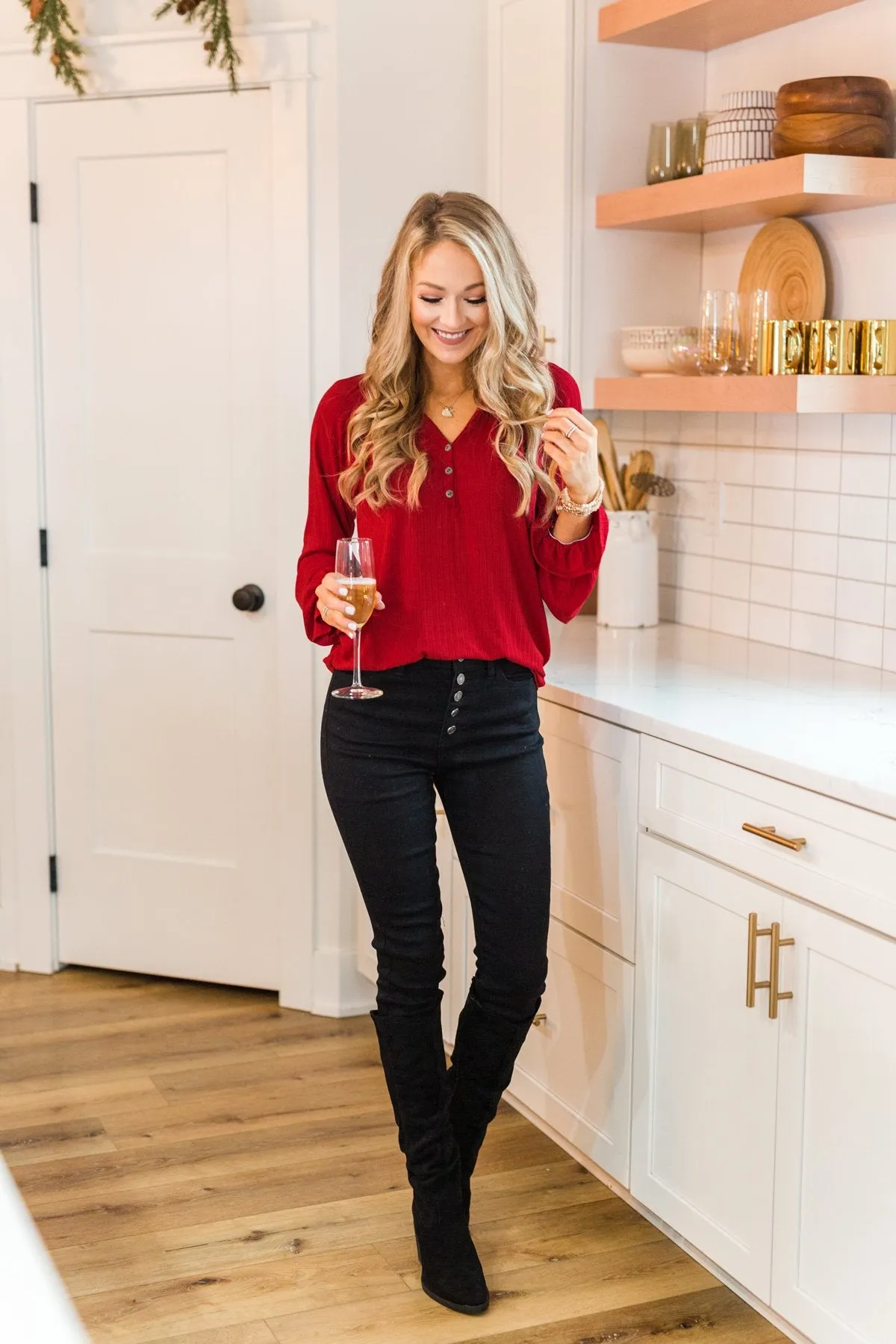Sail Away With Me Knit Button Top- Holiday Red