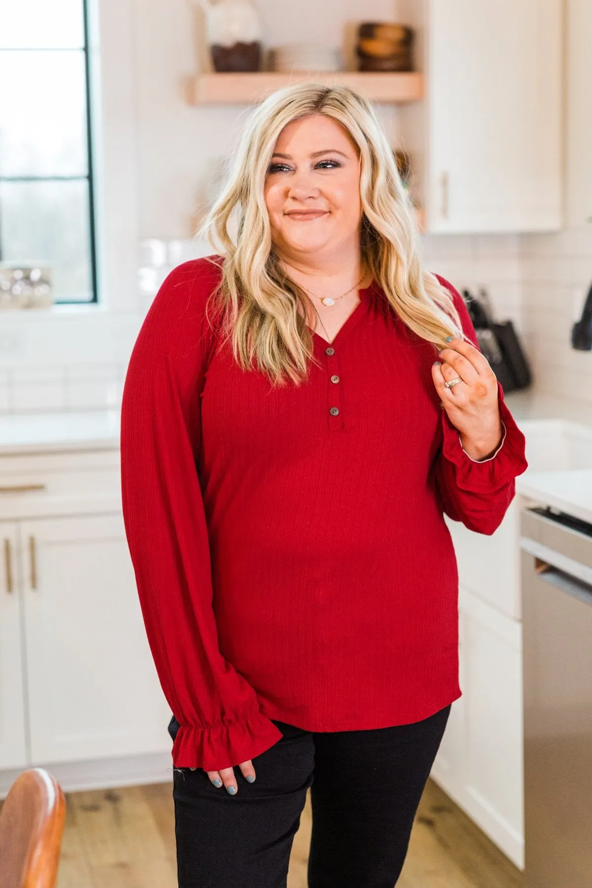 Sail Away With Me Knit Button Top- Holiday Red