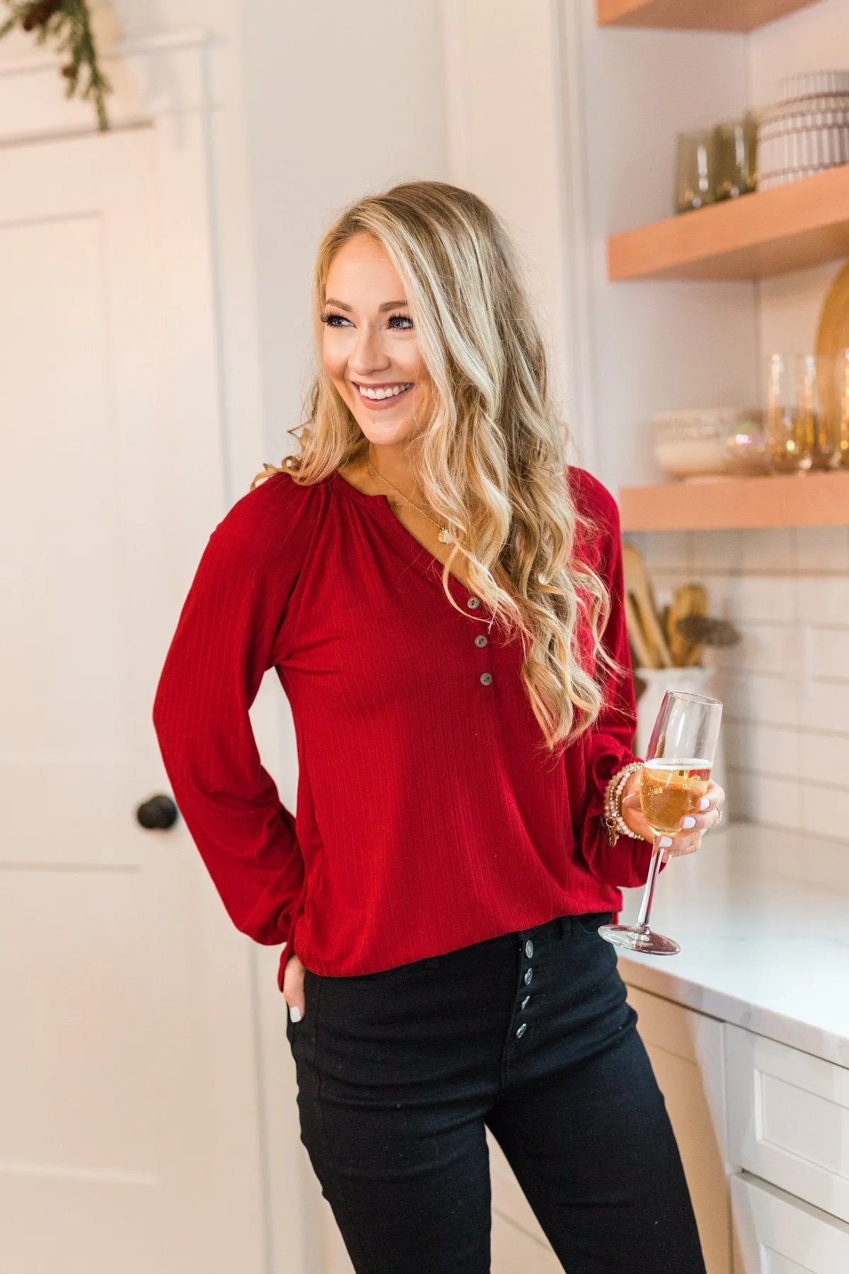 Sail Away With Me Knit Button Top- Holiday Red