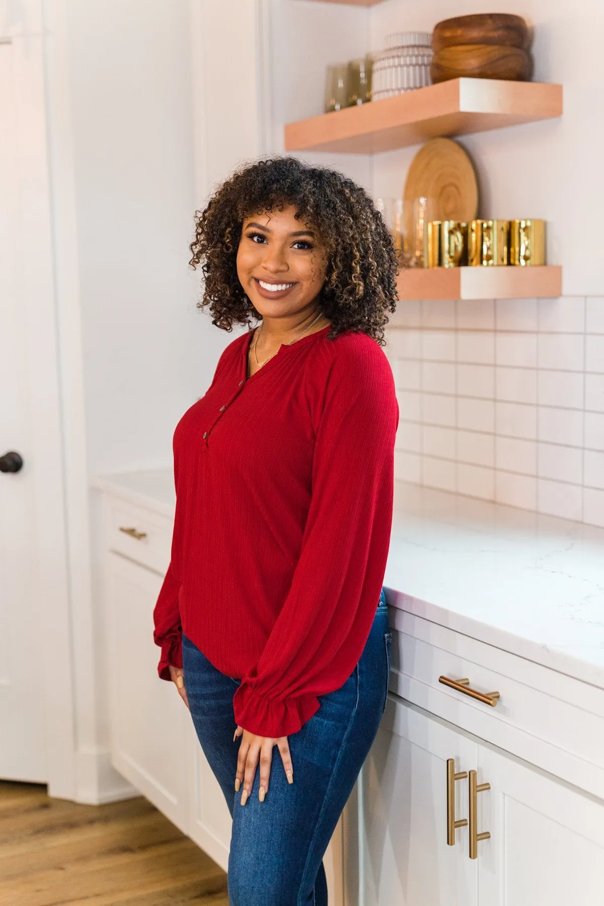 Sail Away With Me Knit Button Top- Holiday Red