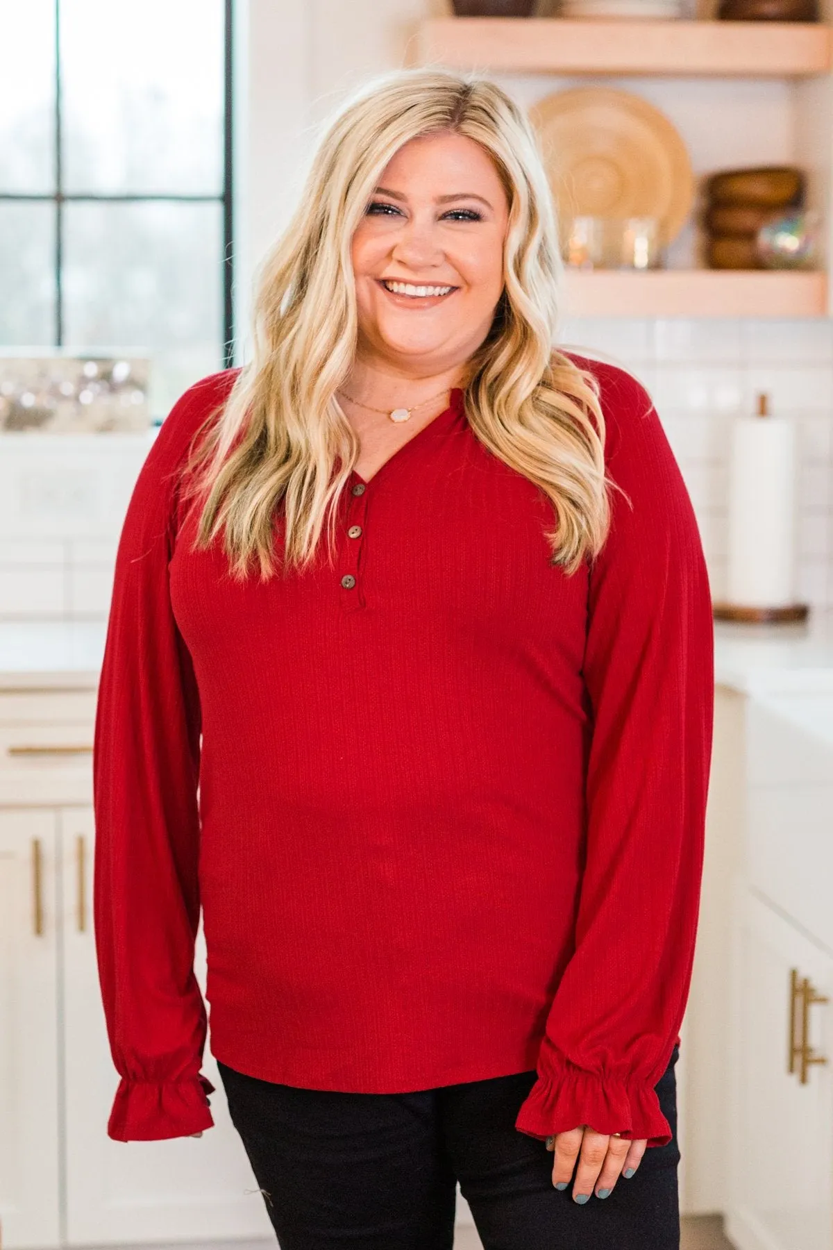 Sail Away With Me Knit Button Top- Holiday Red