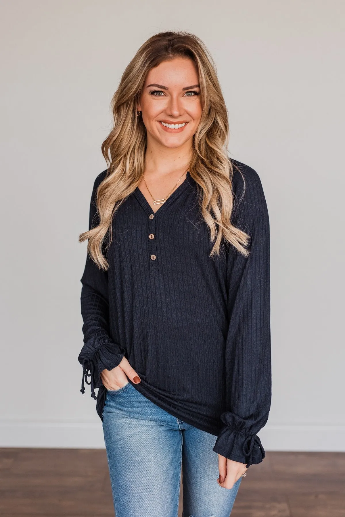 Sail Away With Me Knit Button Top- Navy