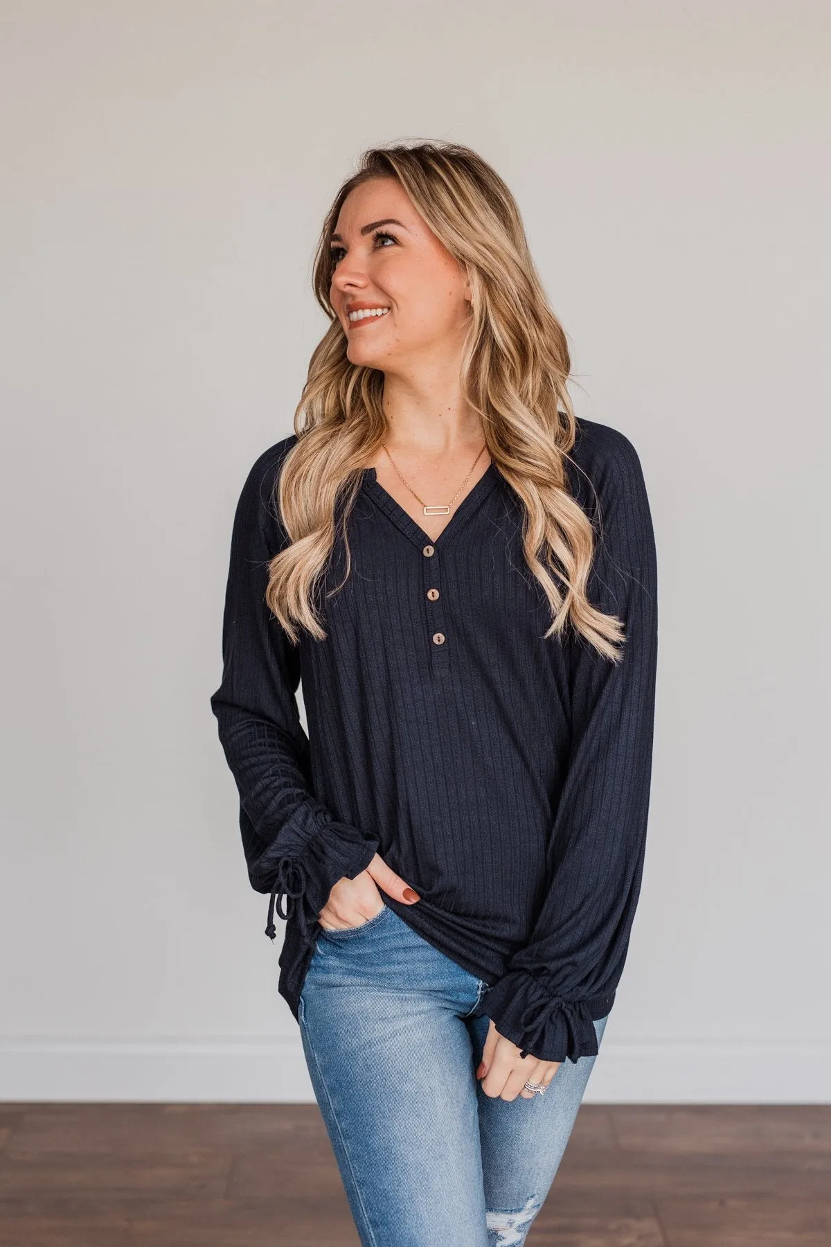 Sail Away With Me Knit Button Top- Navy