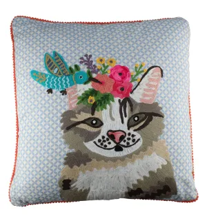Scruffy Cat Embroidered Throw Pillow