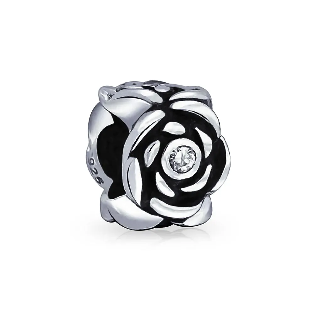 Set of 2 Heart Grandma Dangle & Flower Garden Black Rose Charm Bead Silver