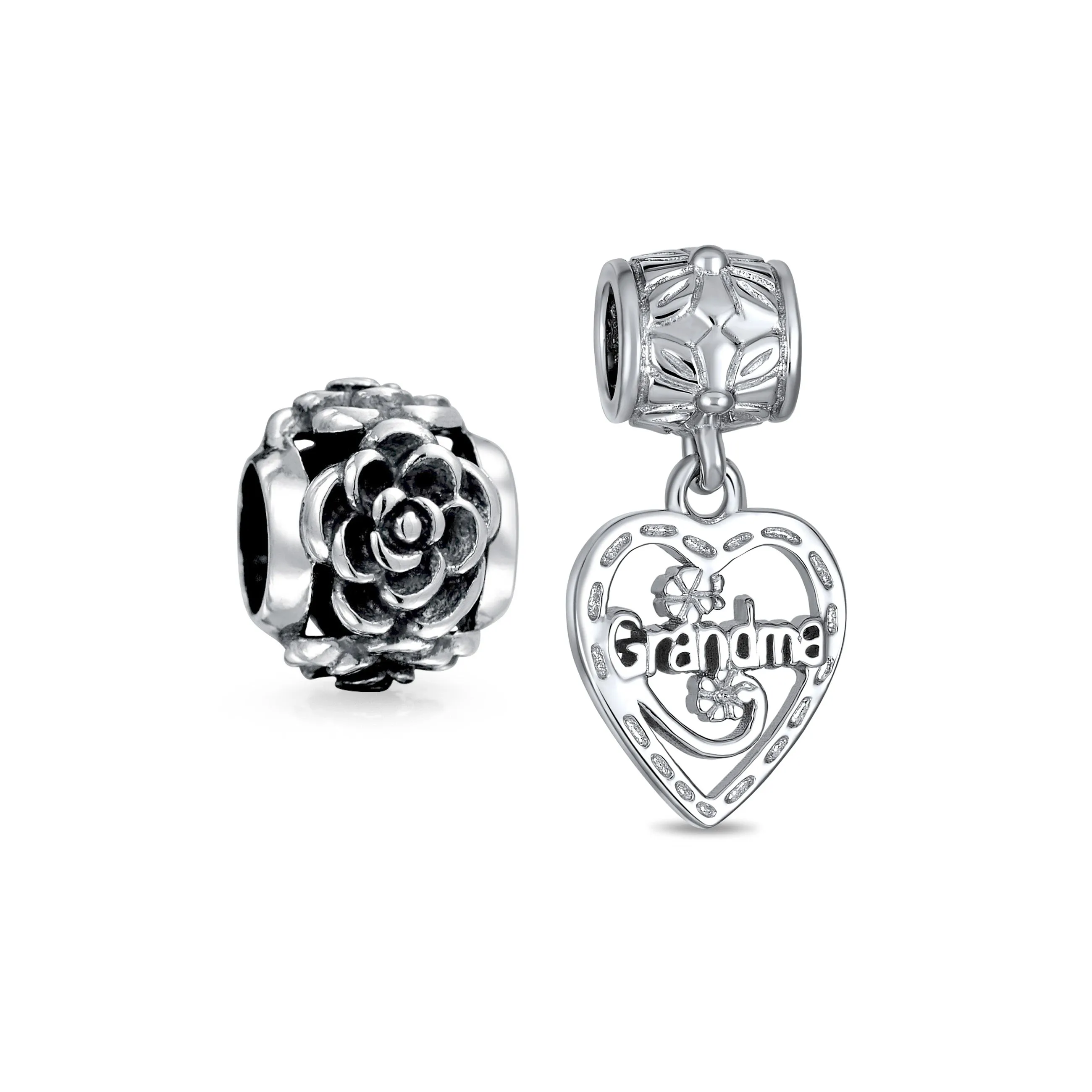 Set of 2 Heart Grandma Dangle & Flower Garden Black Rose Charm Bead Silver