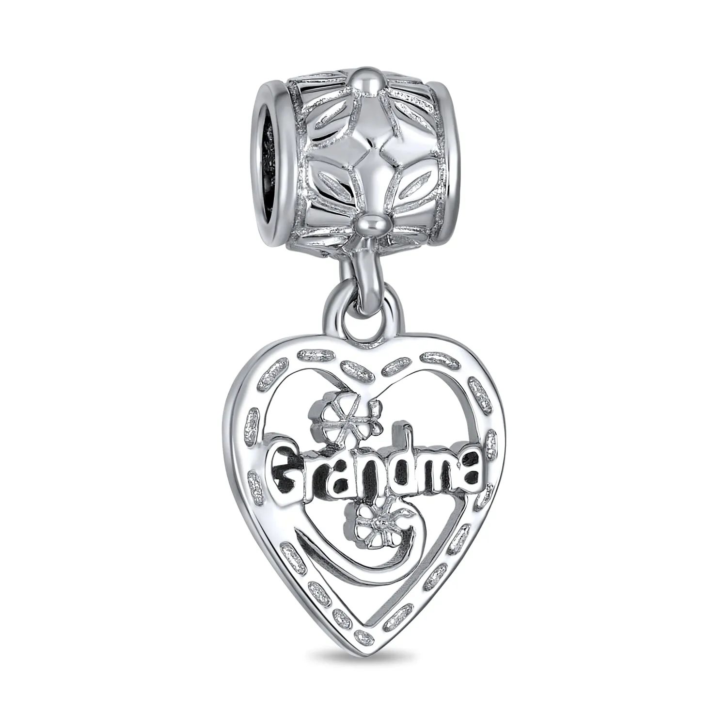 Set of 2 Heart Grandma Dangle & Flower Garden Black Rose Charm Bead Silver