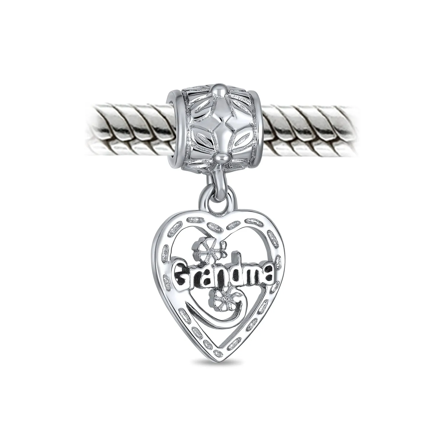 Set of 2 Heart Grandma Dangle & Flower Garden Black Rose Charm Bead Silver