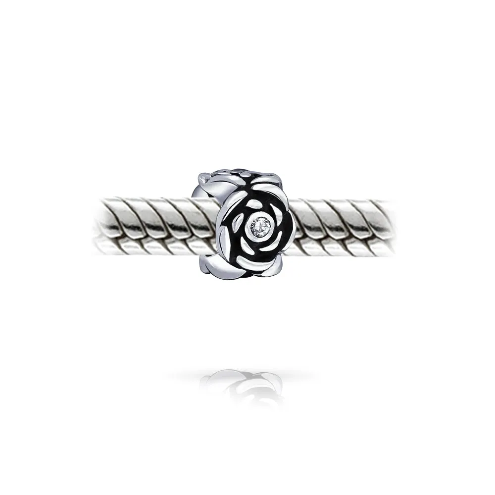 Set of 2 Heart Grandma Dangle & Flower Garden Black Rose Charm Bead Silver