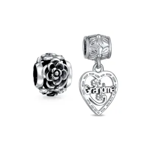 Set of 2 Heart Grandma Dangle & Flower Garden Black Rose Charm Bead Silver