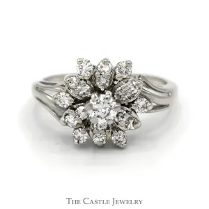 Snowflake Designed 3/4cttw Diamond Cluster Ring with Split Shank Sides in 14k White Gold