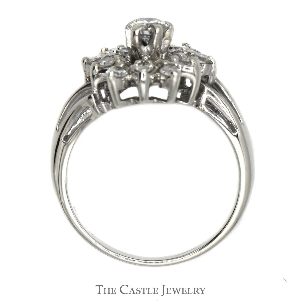 Snowflake Designed 3/4cttw Diamond Cluster Ring with Split Shank Sides in 14k White Gold