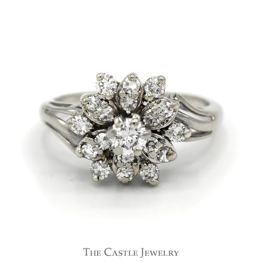 Snowflake Designed 3/4cttw Diamond Cluster Ring with Split Shank Sides in 14k White Gold