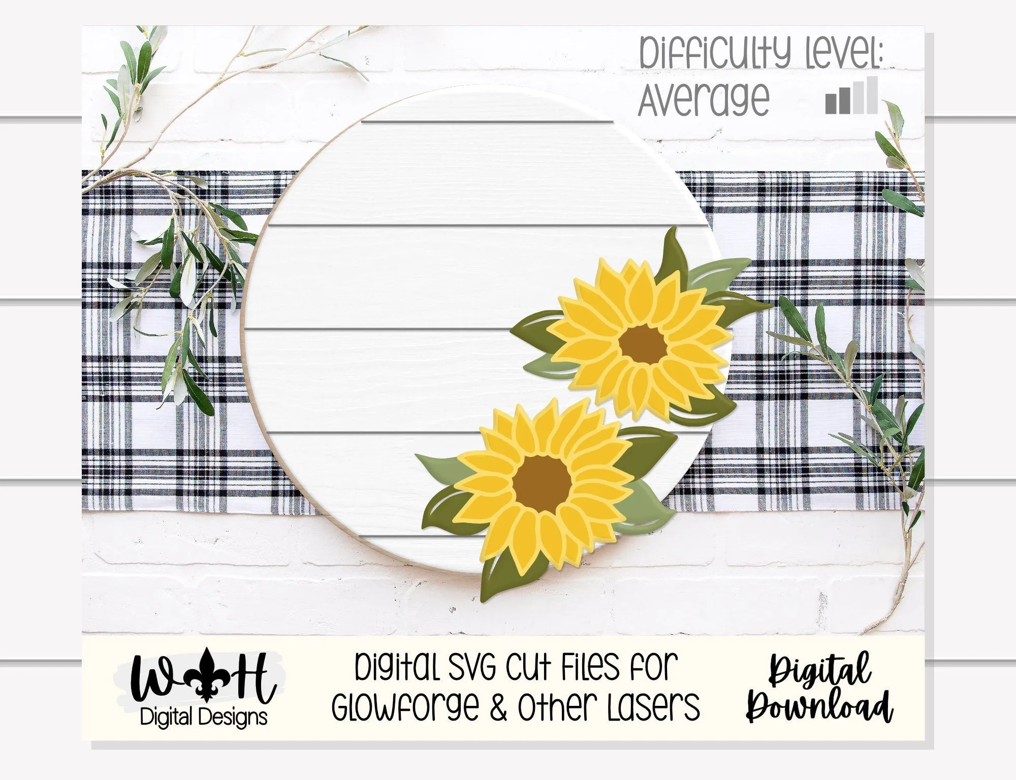 Southern Farmhouse Sunflower Door Hanger Floral Round - Seasonal Sign Making and DIY Kits - Cut File For Glowforge Lasers - Digital SVG File