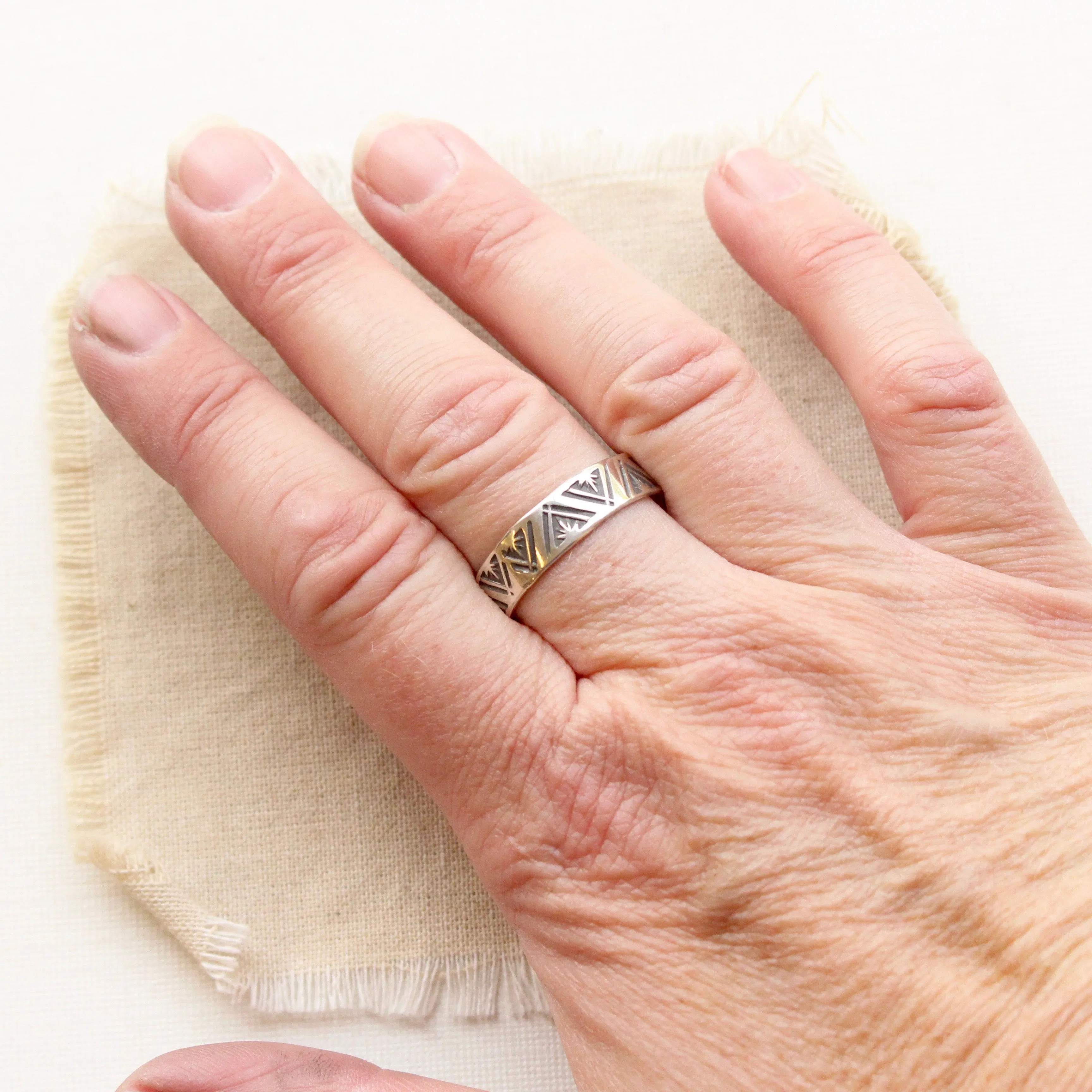 Stamped Triangle with Stars Silver Band Ring