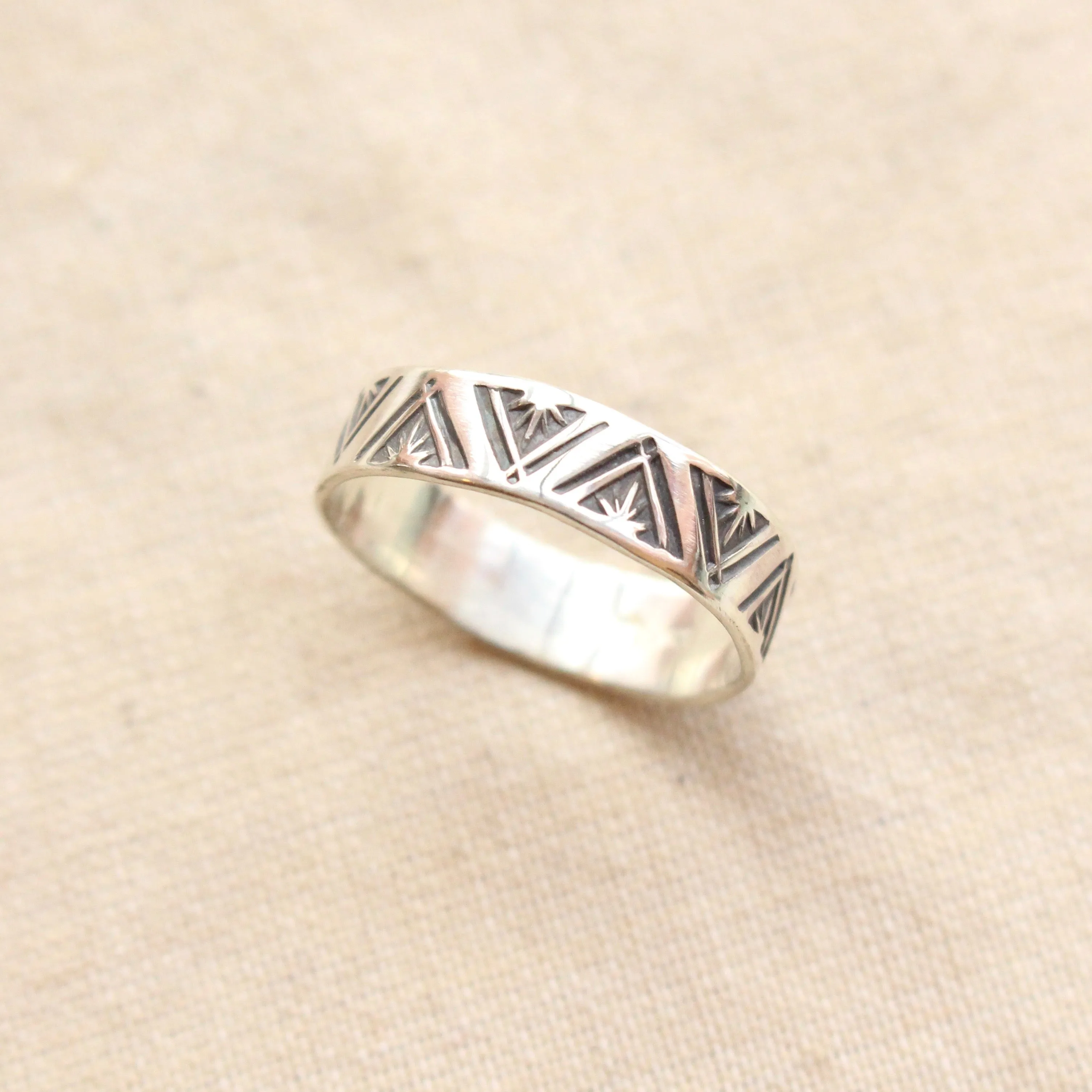 Stamped Triangle with Stars Silver Band Ring