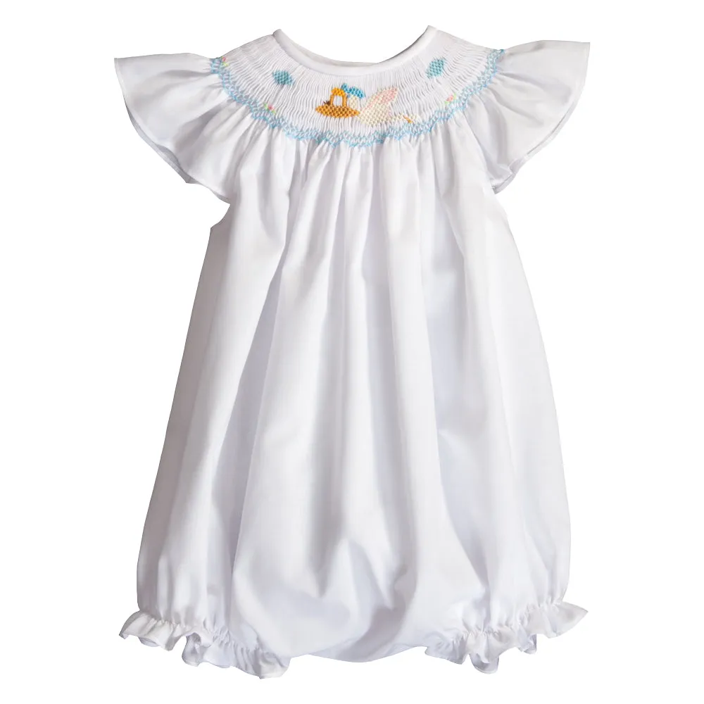 Stork Smocked Girl Bubble with Angel Sleeves
