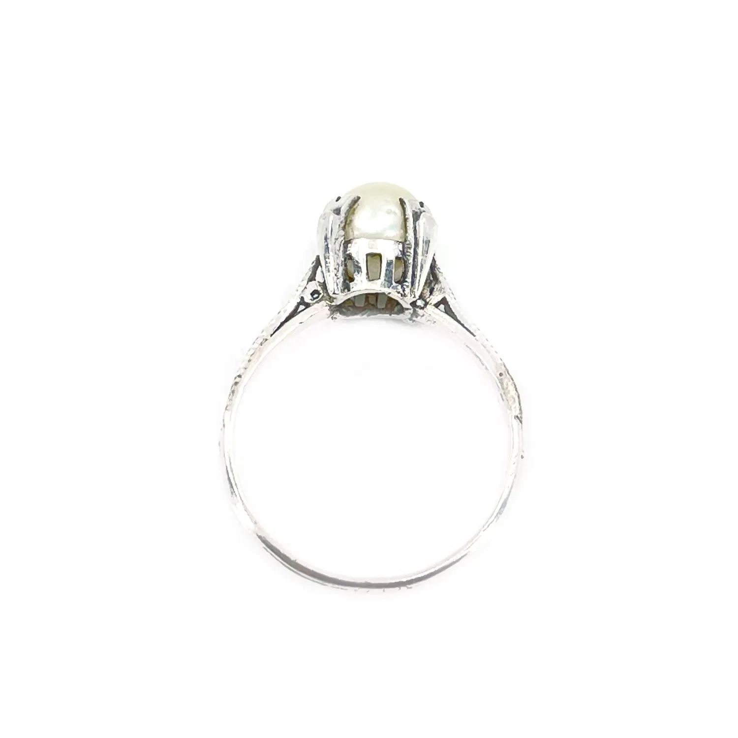Takashima Art Deco Japanese Saltwater Akoya Cultured Pearl Solitaire Ring- Sterling Silver Sz 5