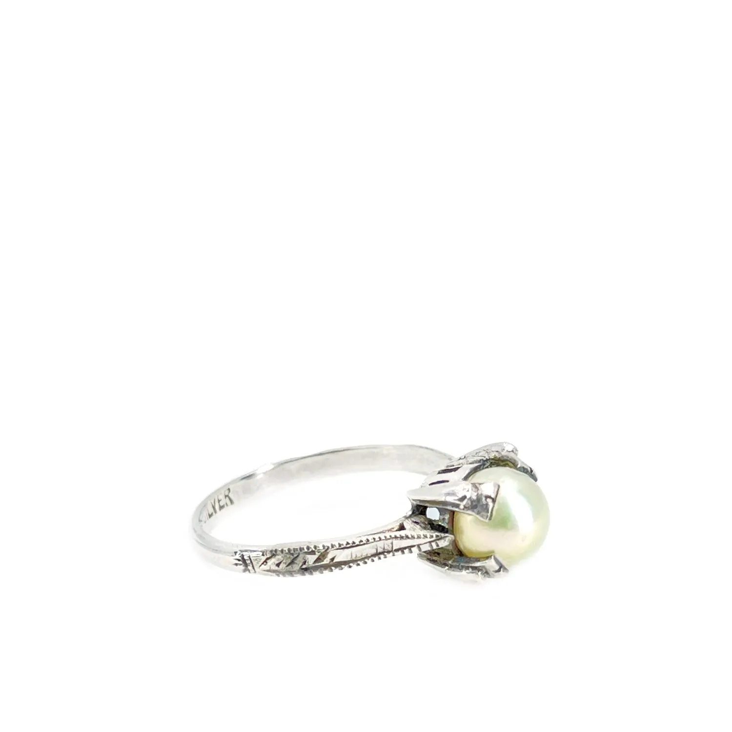 Takashima Art Deco Japanese Saltwater Akoya Cultured Pearl Solitaire Ring- Sterling Silver Sz 5