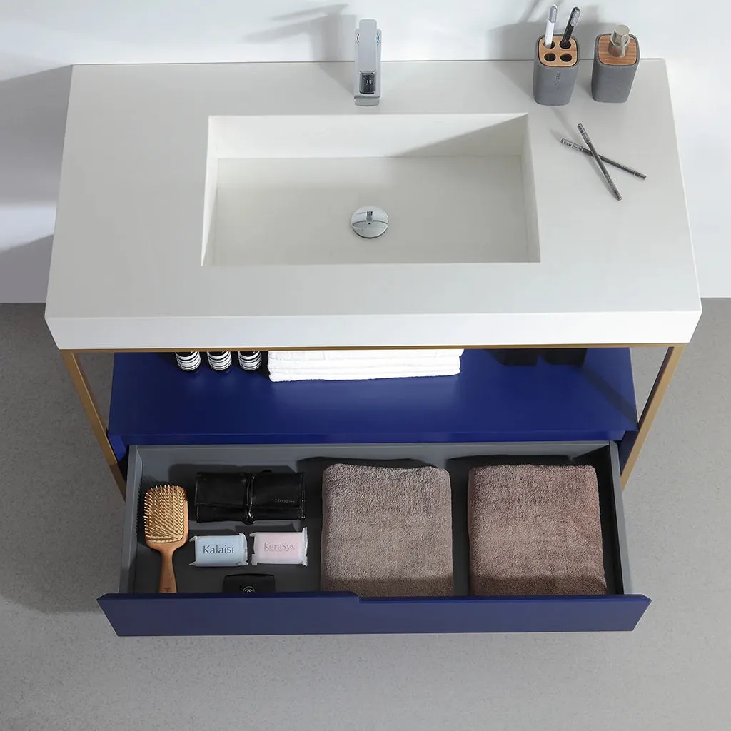 Texel 1 Drawer And 1 Open Shelf Bathroom Vanity with Quartz Sink - Floor Mount - 42" Wood/Metal/Navy Blue/Gold