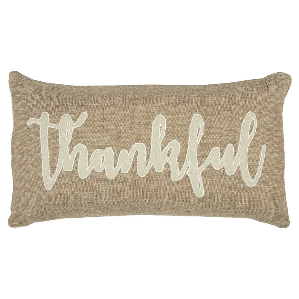 Thankful Cream and Burlap Decorative Lumbar Throw Pillow