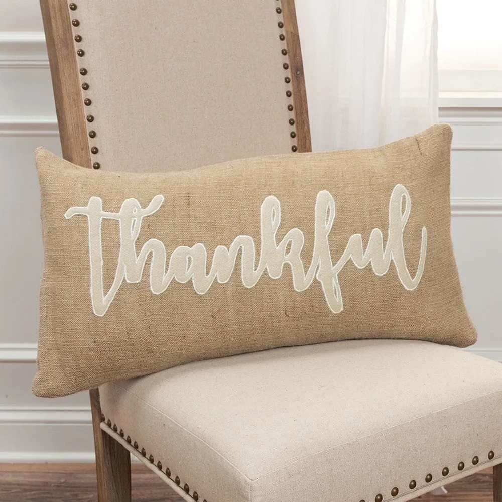 Thankful Cream and Burlap Decorative Lumbar Throw Pillow