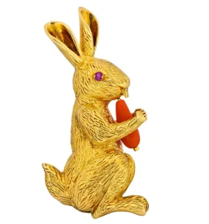 Tiffany & Co. 1970's Vintage Coral Ruby 18 Karat Gold Rabbit Brooch