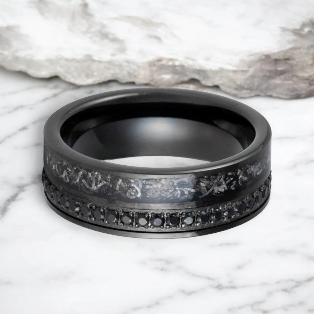 TITANOIR | Black Tungsten Ring, Black Diamond Stimulated CZ, Titanium Shavings Inlay