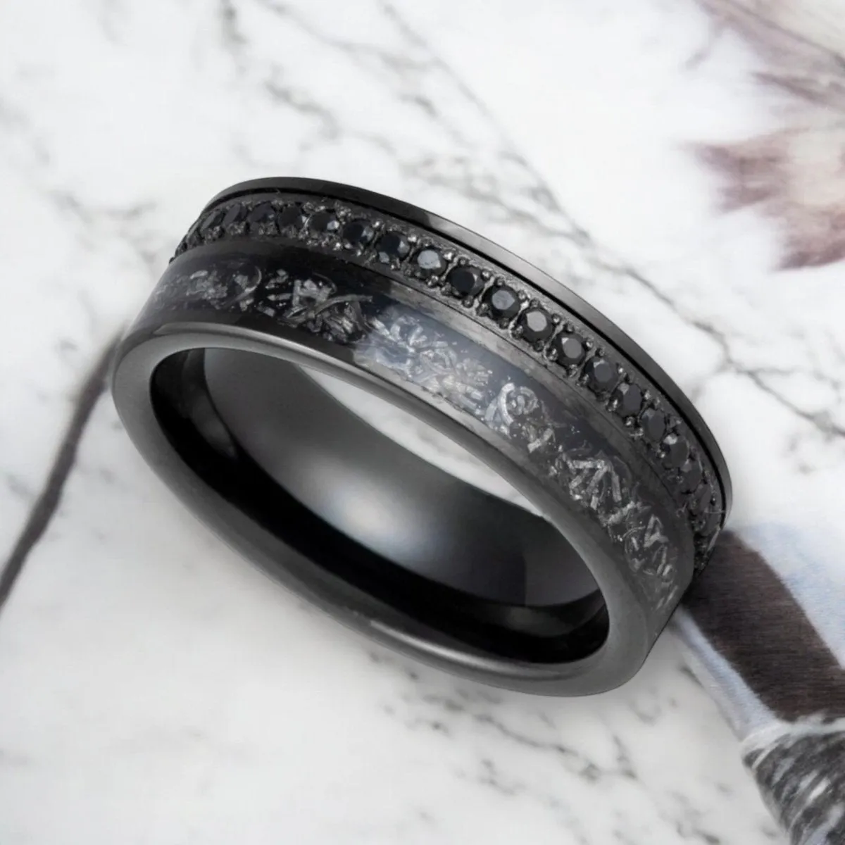 TITANOIR | Black Tungsten Ring, Black Diamond Stimulated CZ, Titanium Shavings Inlay