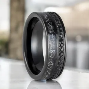 TITANOIR | Black Tungsten Ring, Black Diamond Stimulated CZ, Titanium Shavings Inlay