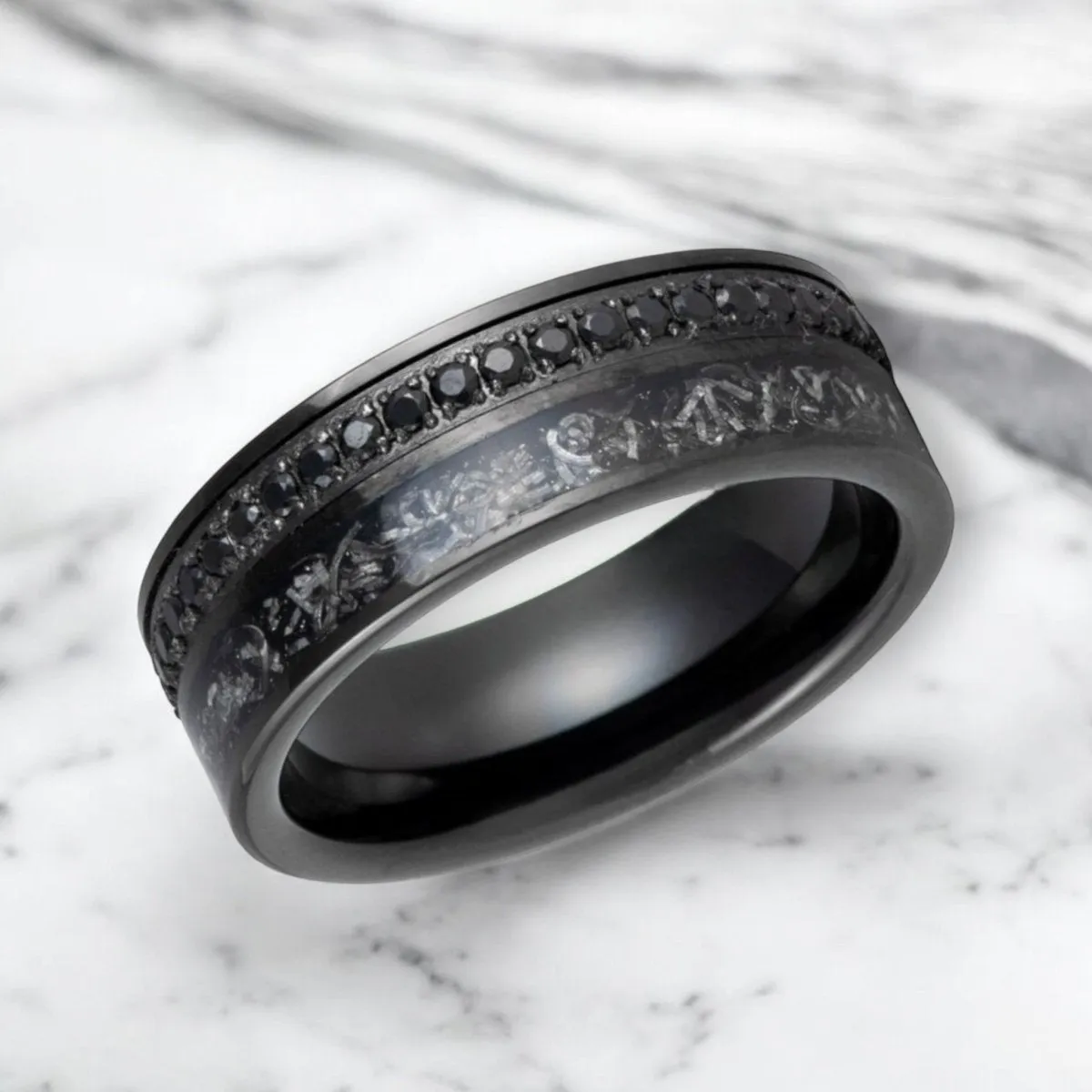 TITANOIR | Black Tungsten Ring, Black Diamond Stimulated CZ, Titanium Shavings Inlay