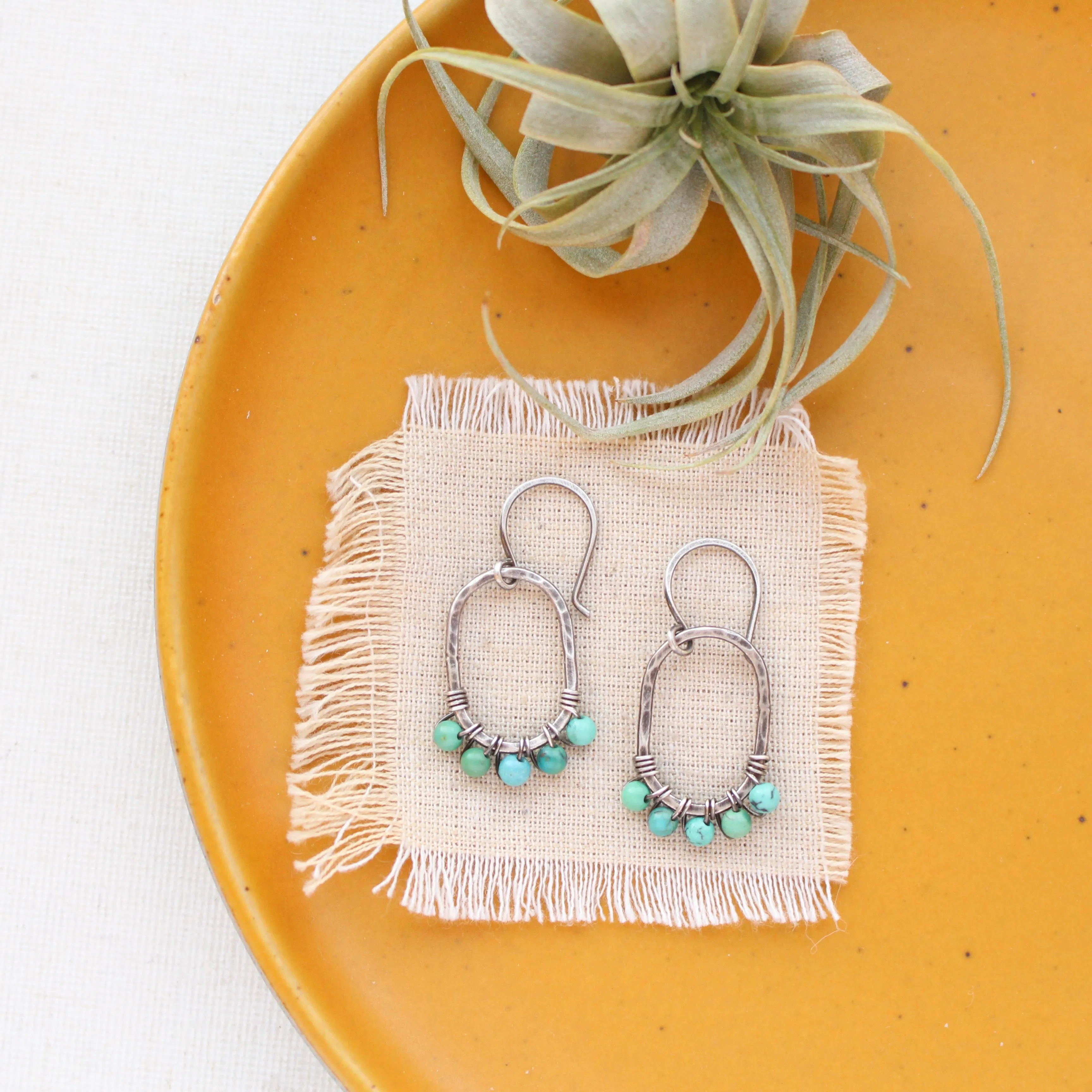 Turquoise Wrapped Hammered Oval Earrings
