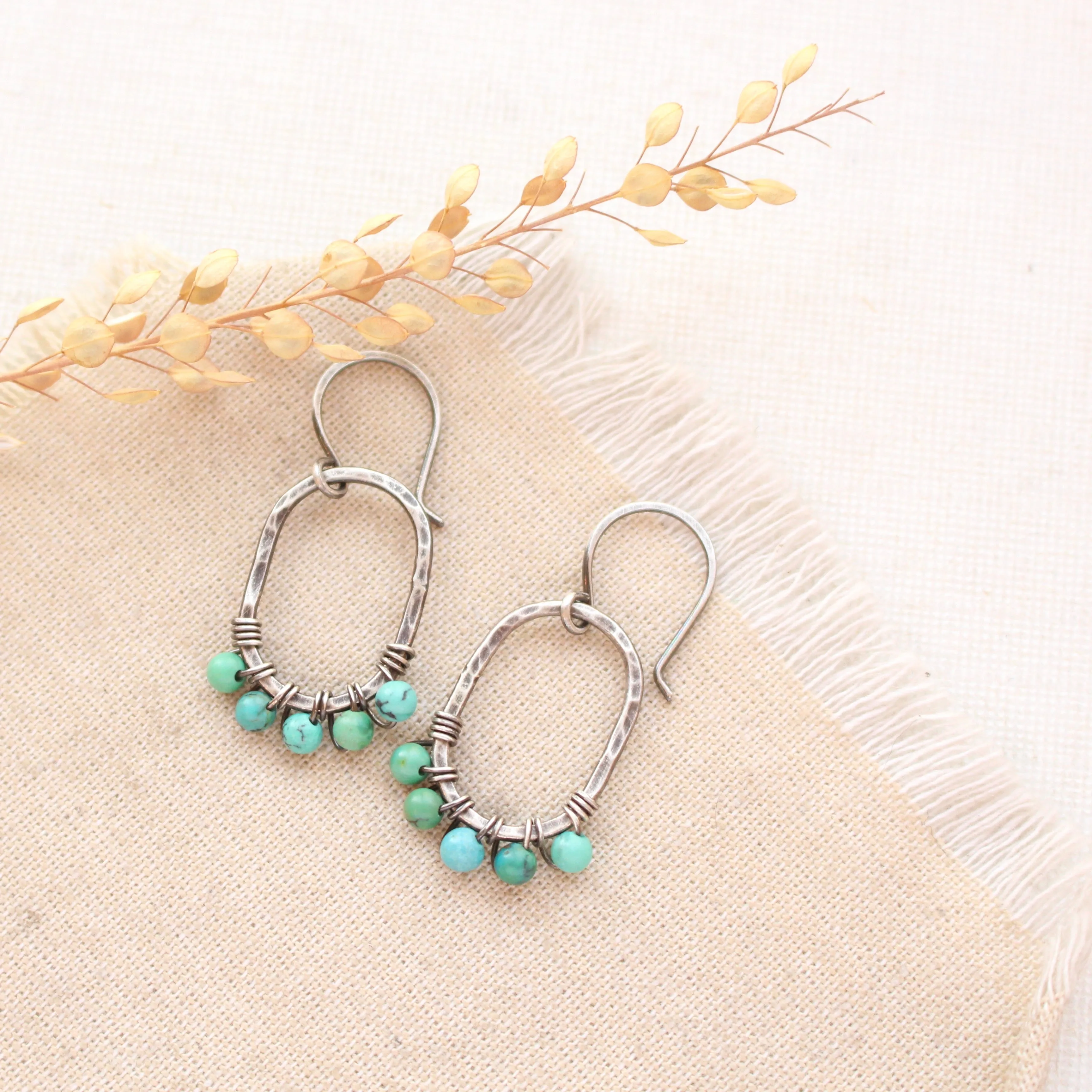 Turquoise Wrapped Hammered Oval Earrings