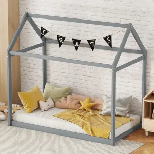 Twin Size House Floor Bed for Kids Wooden Frame W/roof Grey Modern