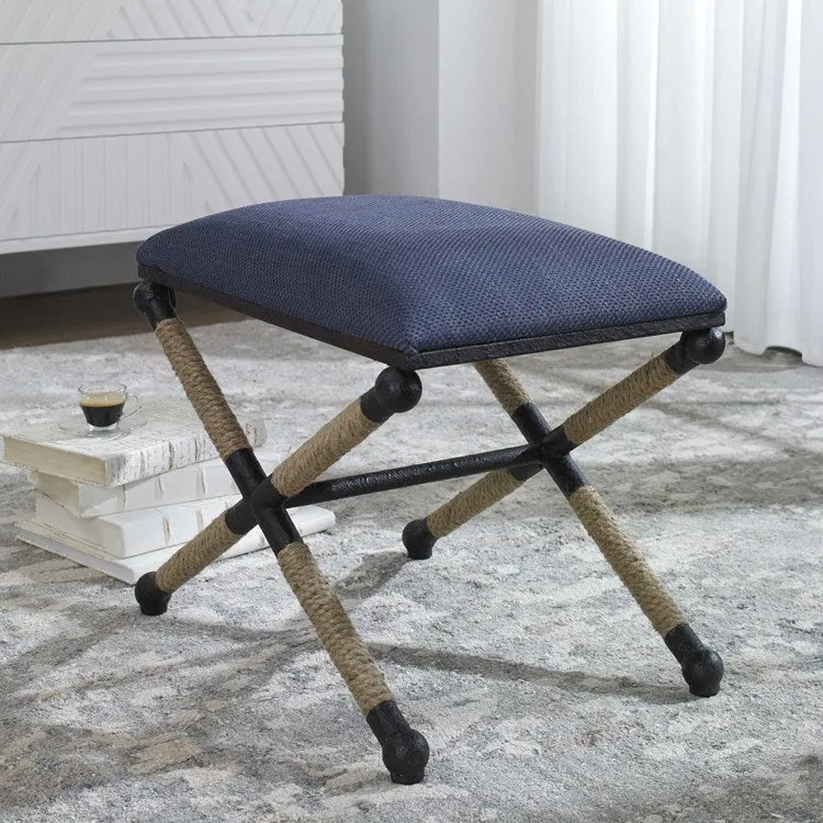 Uttermost Firth Navy Blue Textured Fabric Seat Rustic Iron Bench