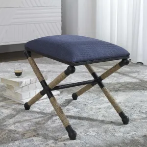 Uttermost Firth Navy Blue Textured Fabric Seat Rustic Iron Bench