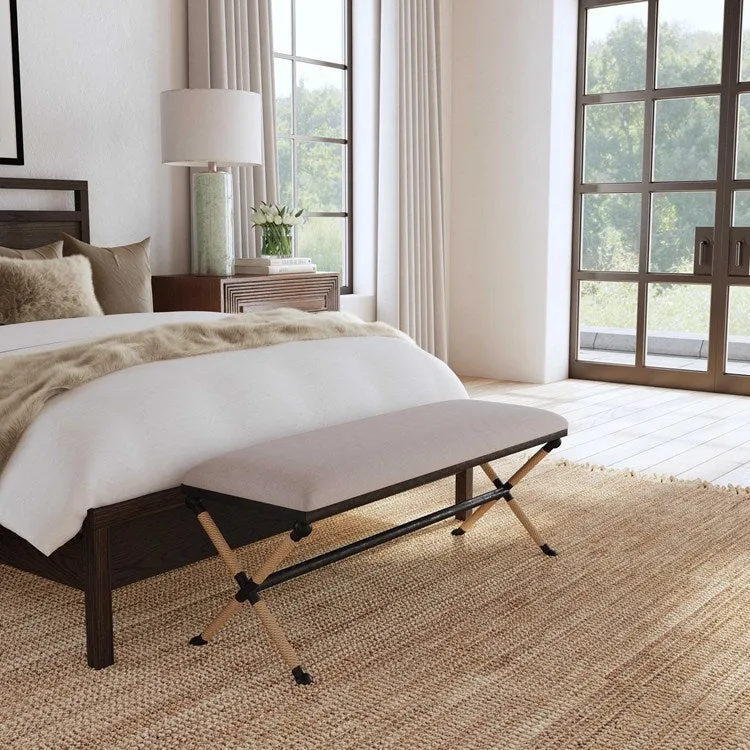 Uttermost Firth Oatmeal Fabric Cushion Seat Rustic Iron Bench