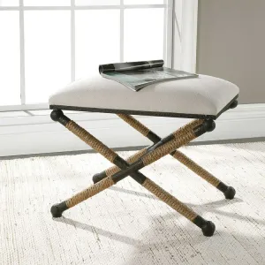 Uttermost Firth Oatmeal Fabric Cushion Seat Rustic Iron Small Bench